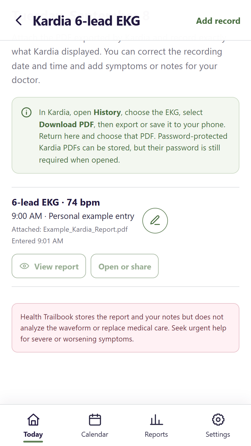 Health Trailbook Kardia attachment screen