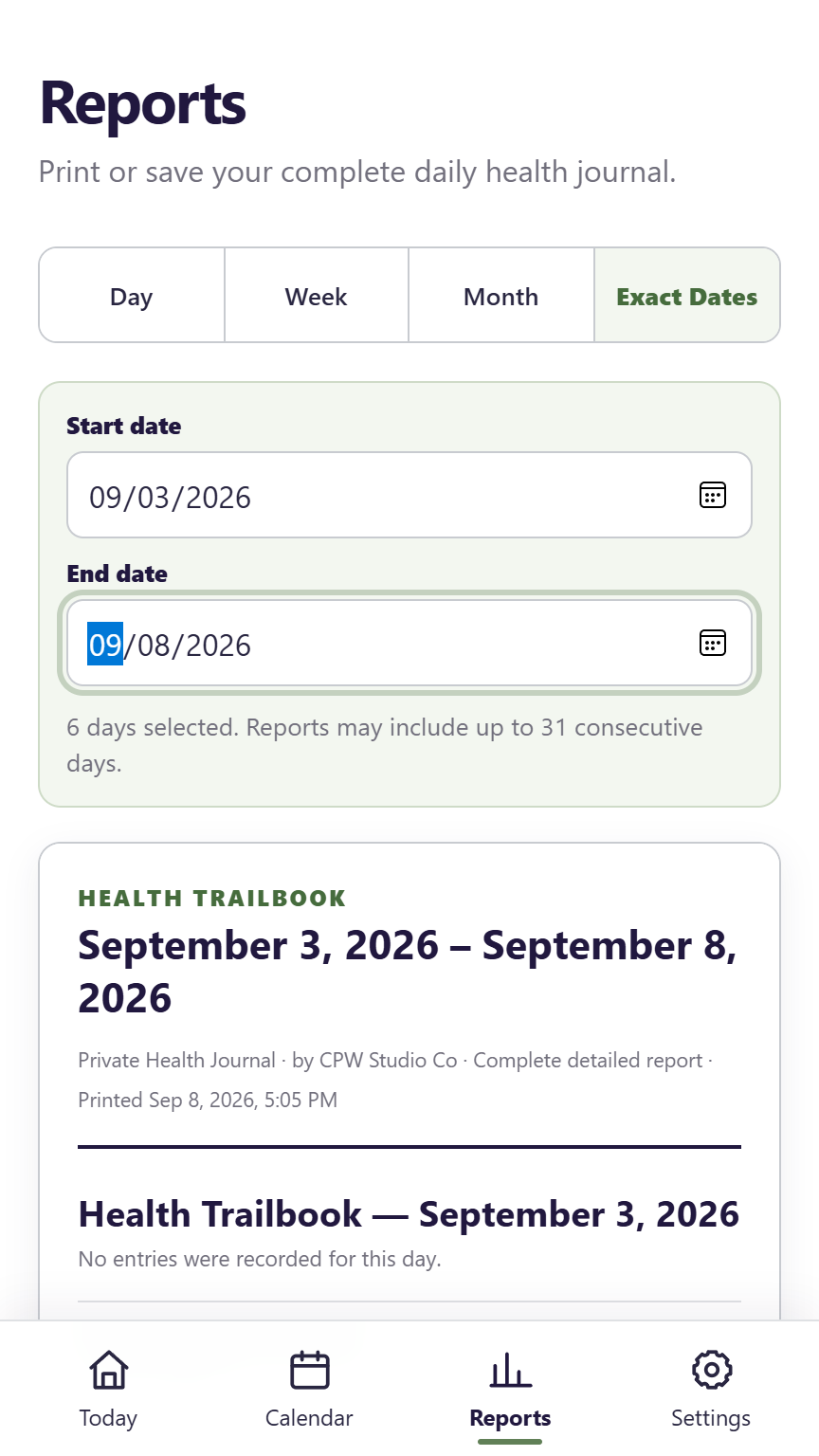 Health Trailbook report screen with exact start and end dates