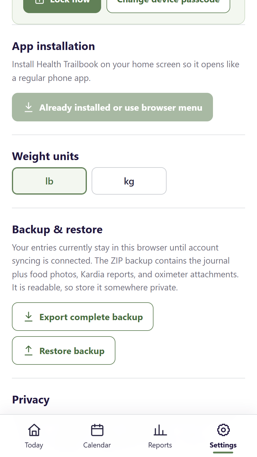 Health Trailbook privacy and complete-backup settings